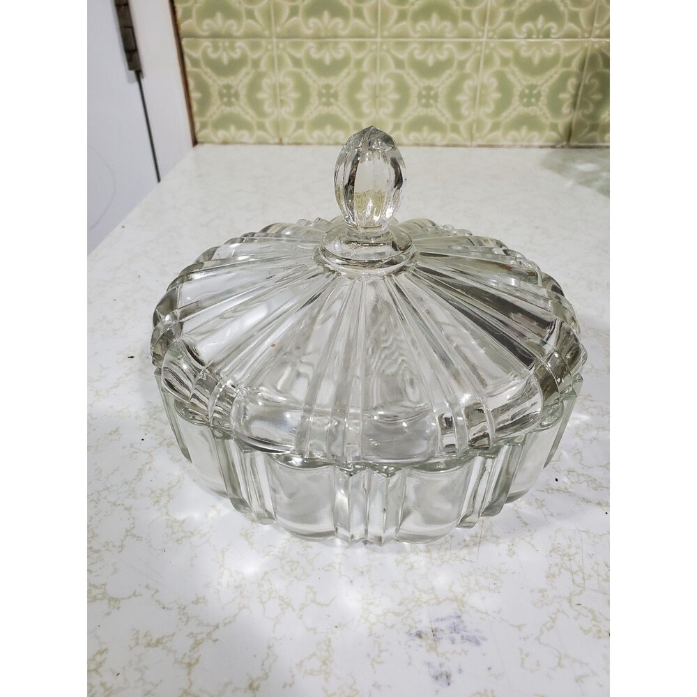Vintage Anchor Hocking Old Cafe Clear Depression Glass Candy Dish and Lid 6 7/8"